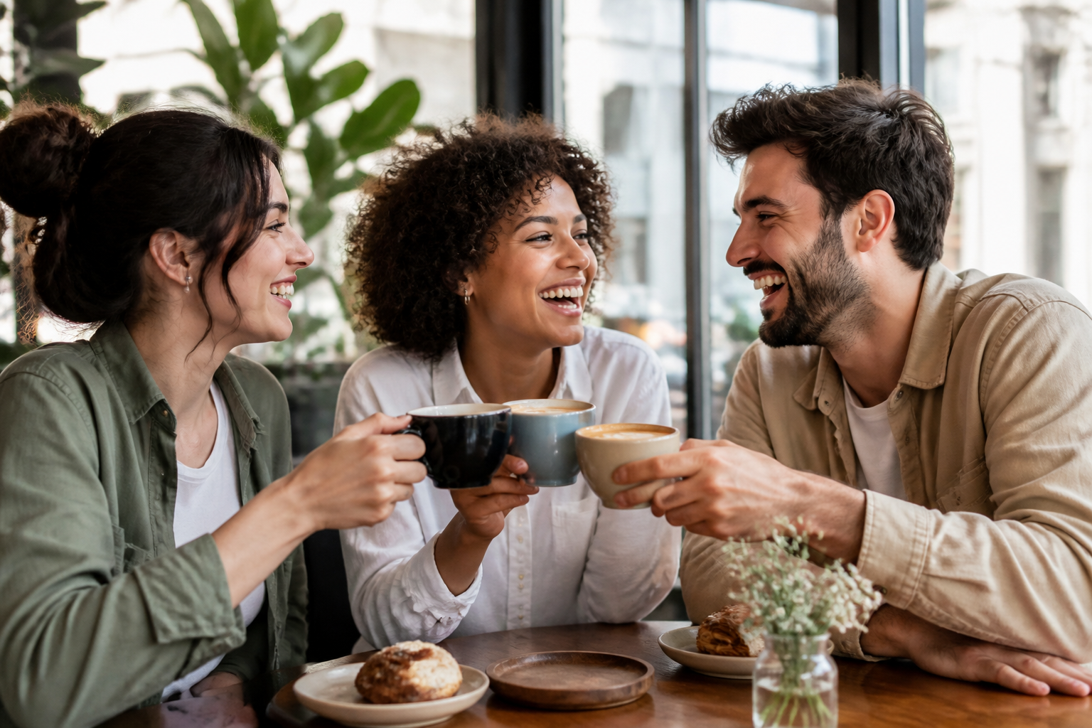 Happy friends toasting coffee at a cafe