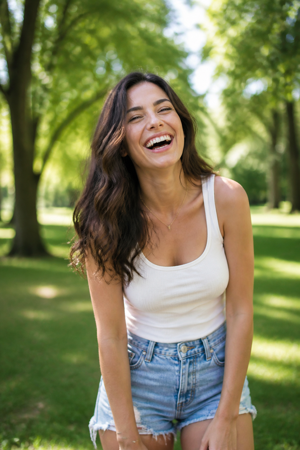 Happy person laughing outdoors in a sunny park