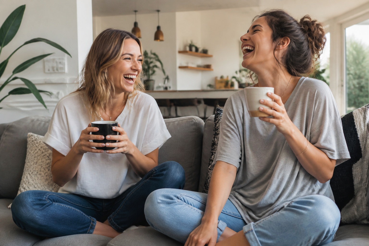 Happy friends laughing together at home