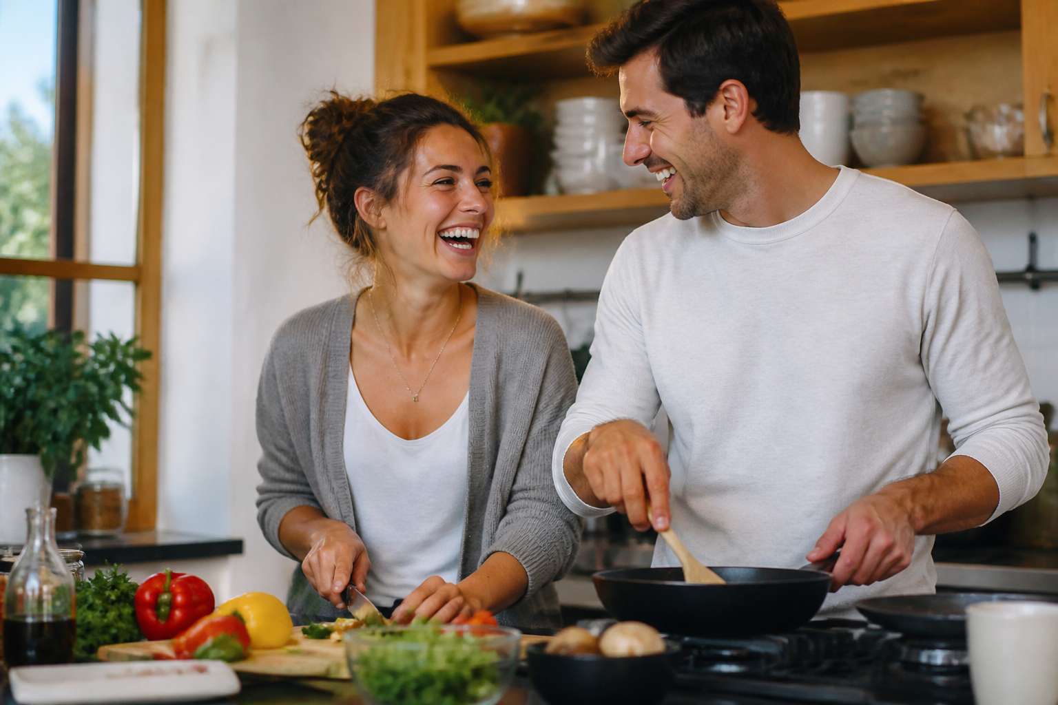 Happy couple sharing a moment in the kitchen